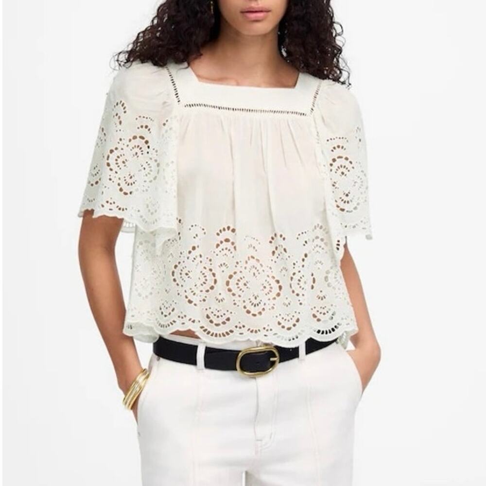 NWT Madewell Embroidered Eyelet Flutter-Sleeve Lace Trim Top White Size Small